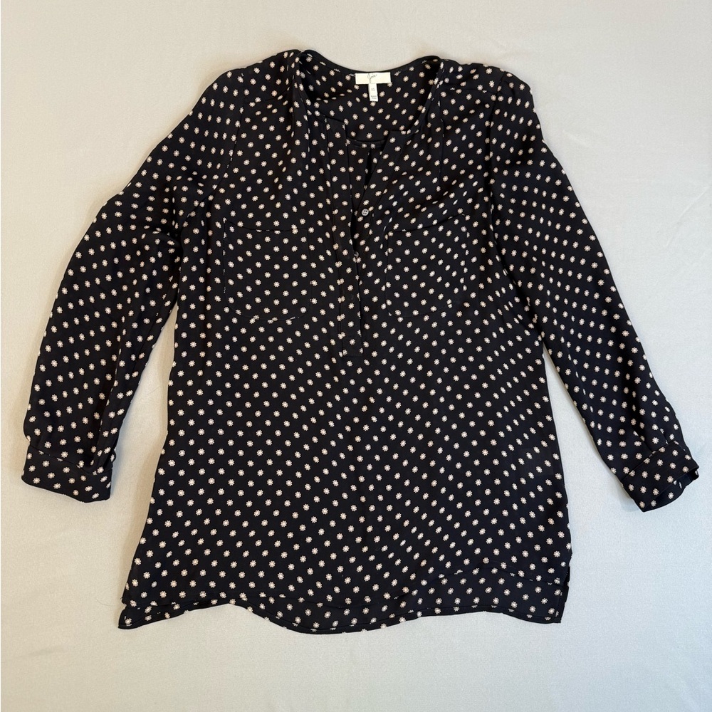Joie Silk Blouse Black White Half Placket Popover Shirt Size XS V-Neck Relaxed